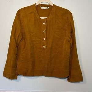 Zara Mustard Yellow Quarter Button Up Linen Blend Long Sleeve Top Size Medium